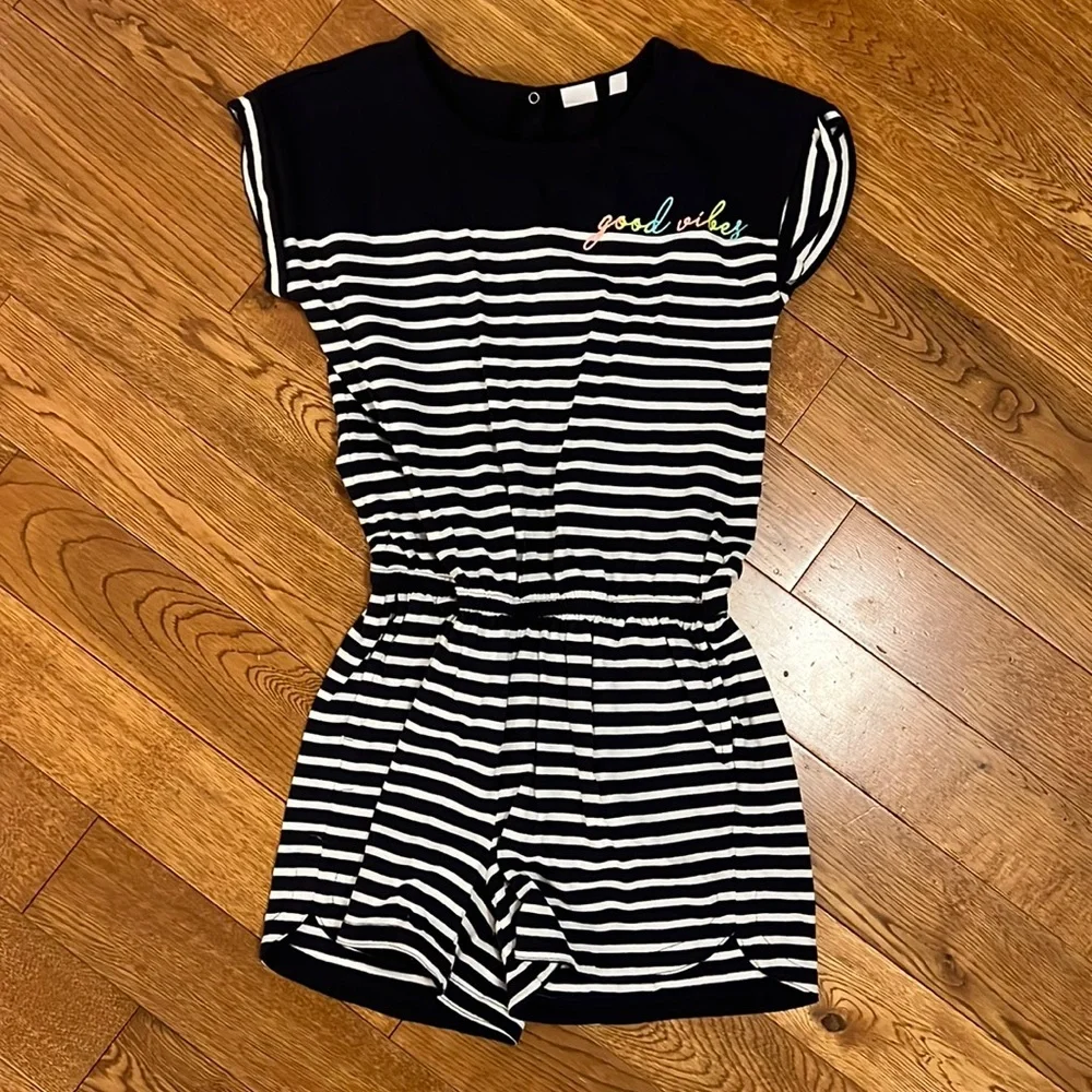 Girls' Black & White Striped One-Piece Romper - Good Vibes